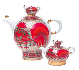 Red Rooster Double Teapot set; lge 6-cup; sm 1-cup