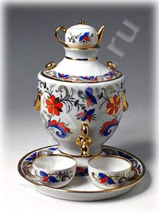 Samovar Set: Teapot, 2 Cups, Platter, Blue and Red